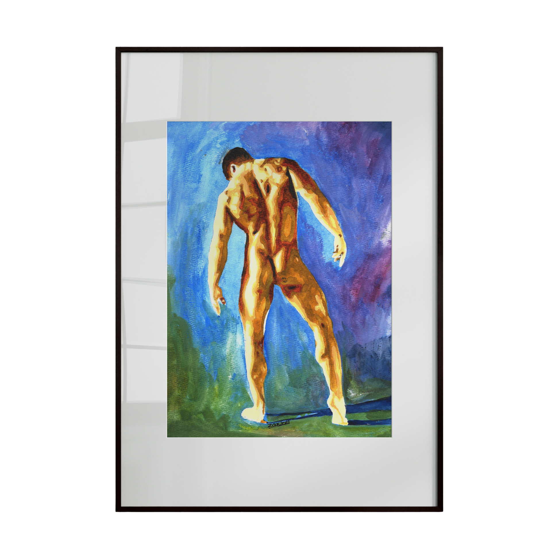 nude male figure seen from behind as he walks through a lush garden. The fluidity of watercolor captures the gentle sway of his posture and the natural movement of the surroundings,