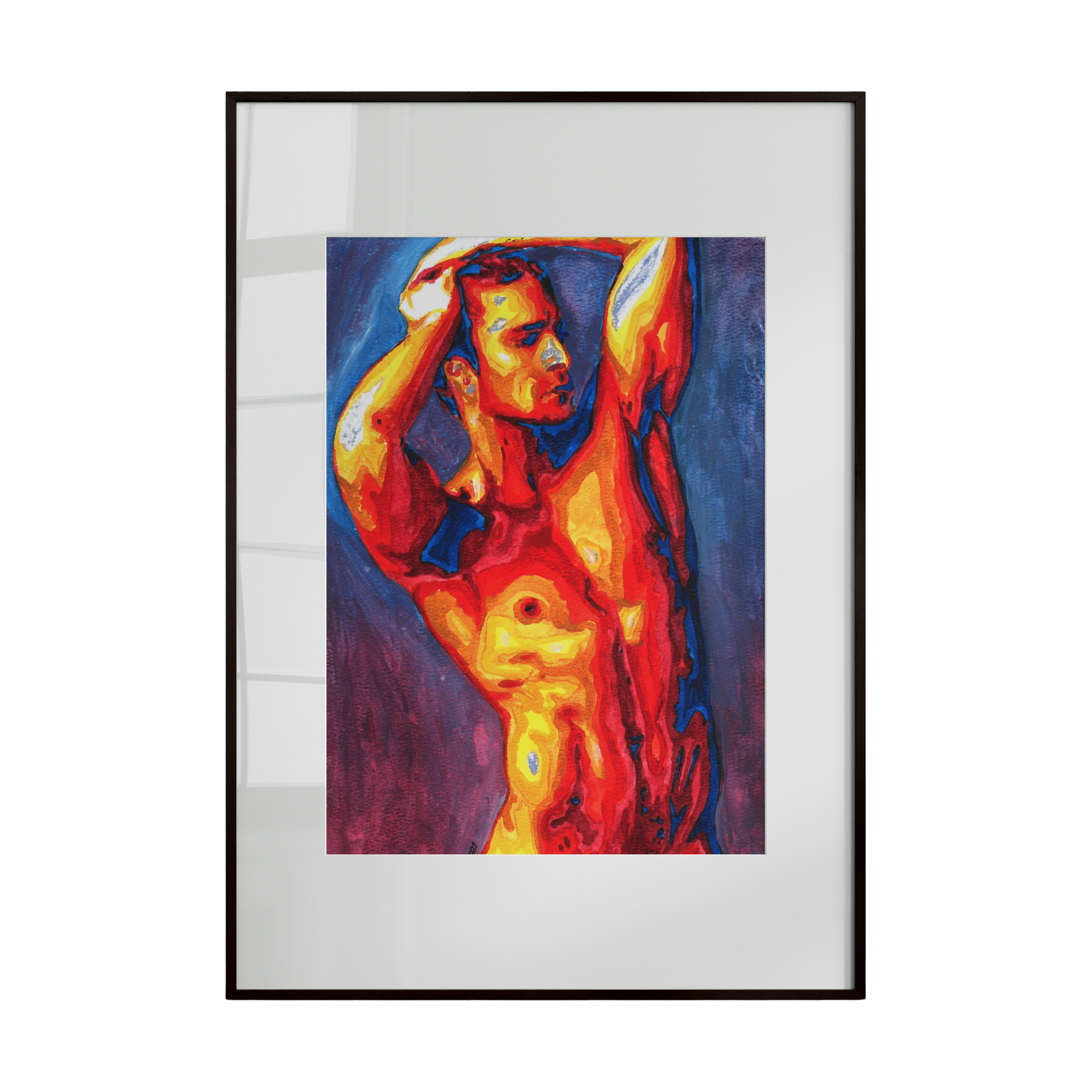 Framed artwork of a stylized human figure with vibrant colors on a white background