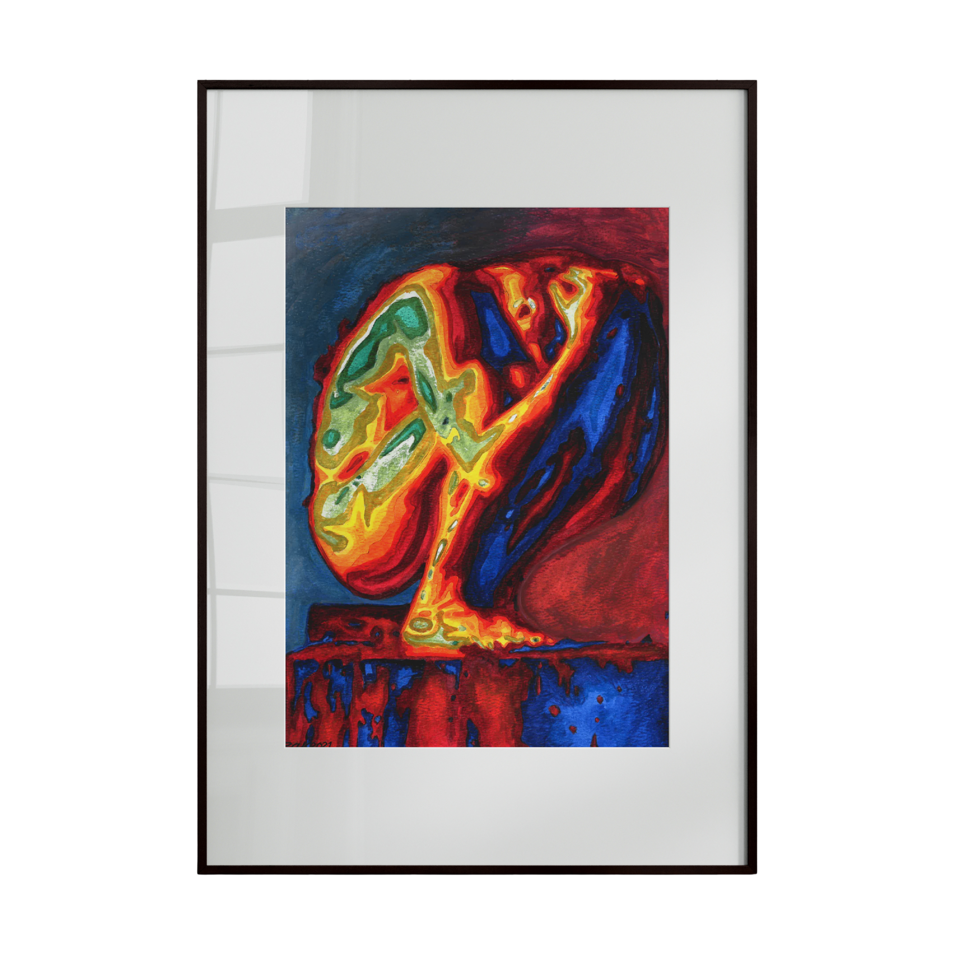 nude male figure in a crouched pose, appearing to carefully navigate a dynamic, volcanic landscape. Warm reds and oranges of flowing lava contrast with cooler shadows, creating tension and movement.