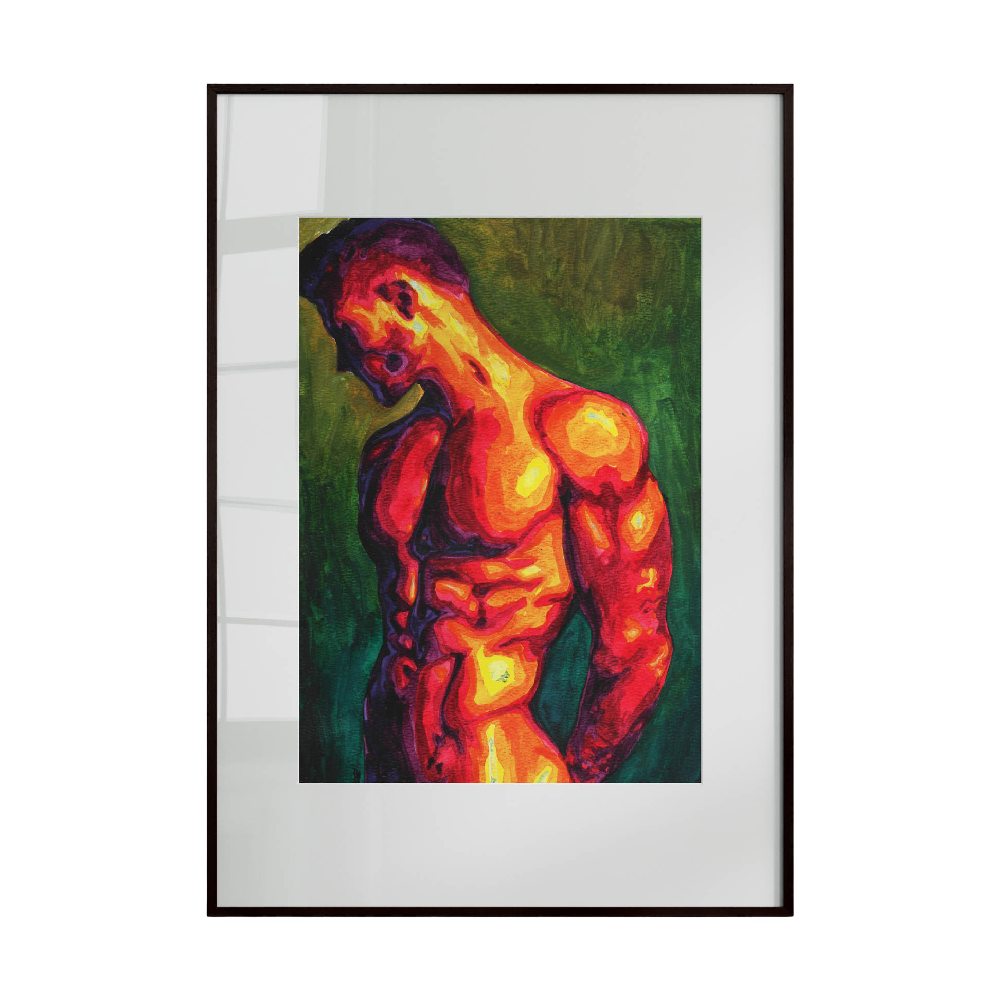 Framed artwork of a muscular figure with vibrant colors on a white background
