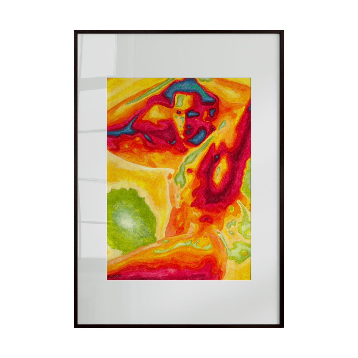 Framed abstract artwork with vibrant colors on a white background