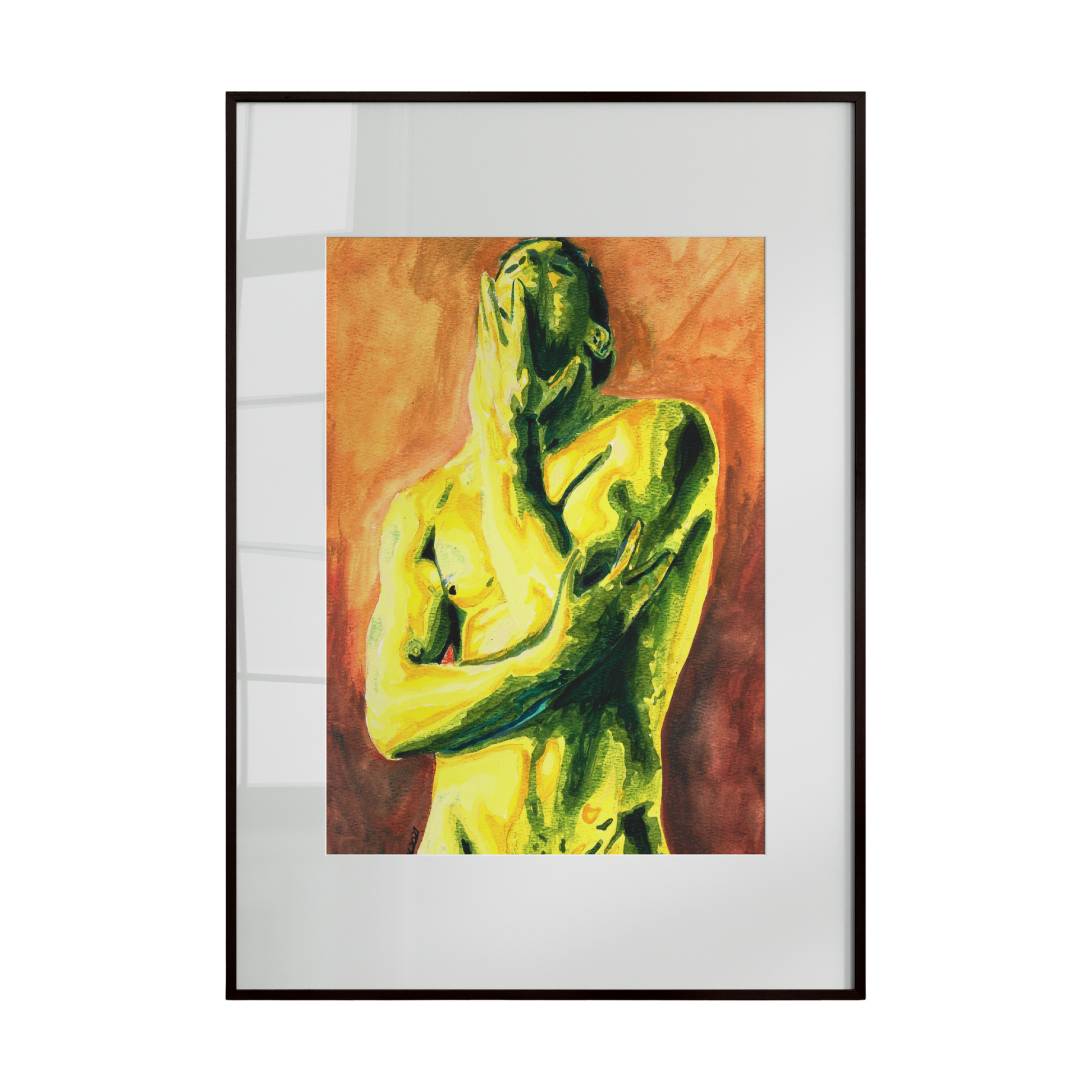 nude male figure in shades of green and yellow against a warm brown background. The earthy tones emphasize natural beauty, vitality, and connection to the environment, 