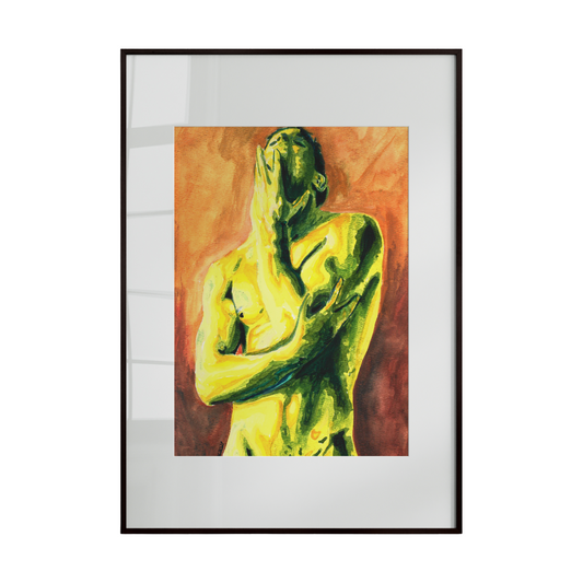 nude male figure in shades of green and yellow against a warm brown background. The earthy tones emphasize natural beauty, vitality, and connection to the environment, 