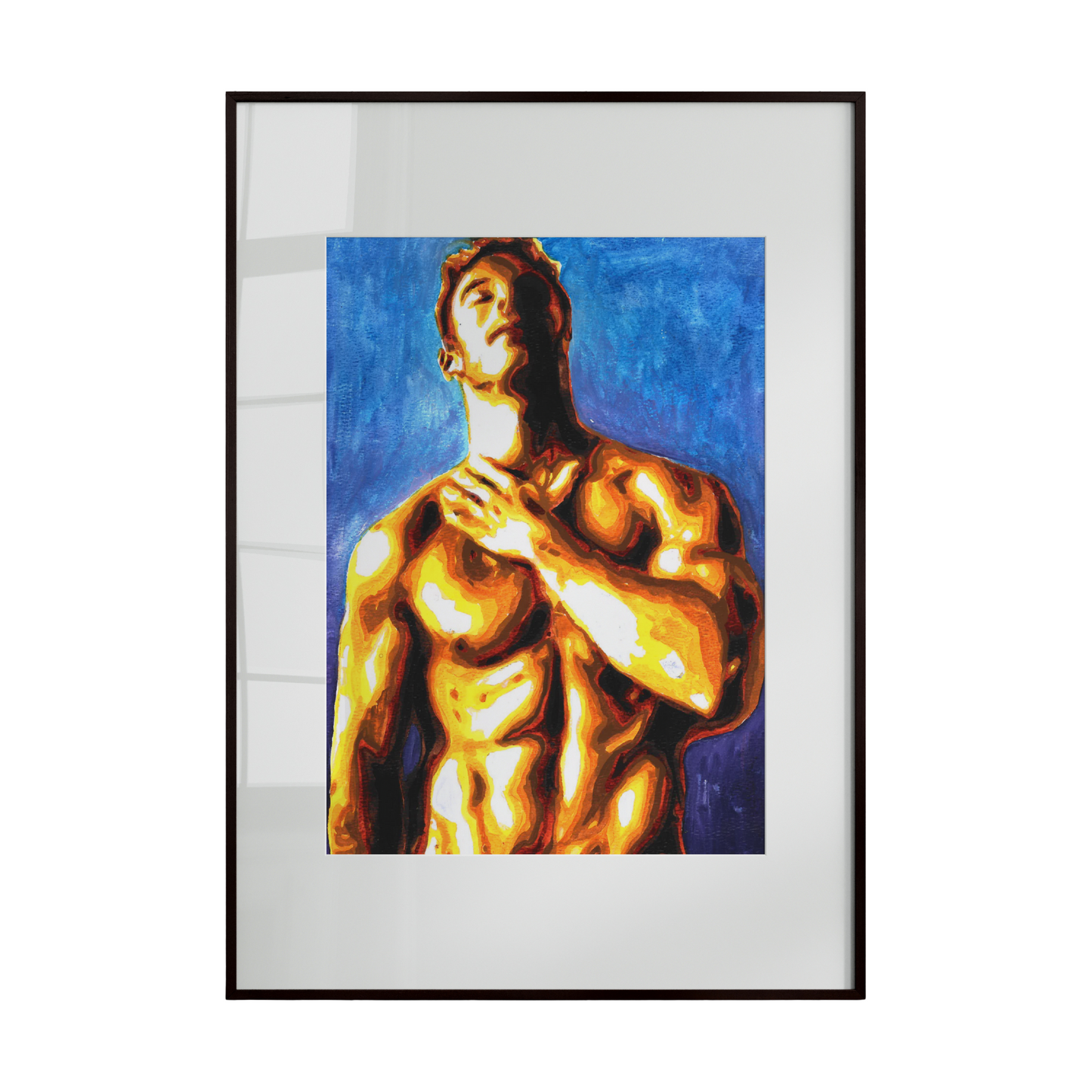 An original painting of a male nude, presented in a simple and elegant frame. The artwork emphasizes the interplay of light and shadow across the human form, creating a vintage-inspired, evocative, and powerful visual effect.
