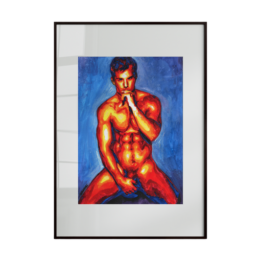 This artwork portrays a nude male figure in a vibrant, abstract style. Bold outlines and a rich palette of orange, blue, and red create dynamic energy, emphasizing form, movement, and expressive color.