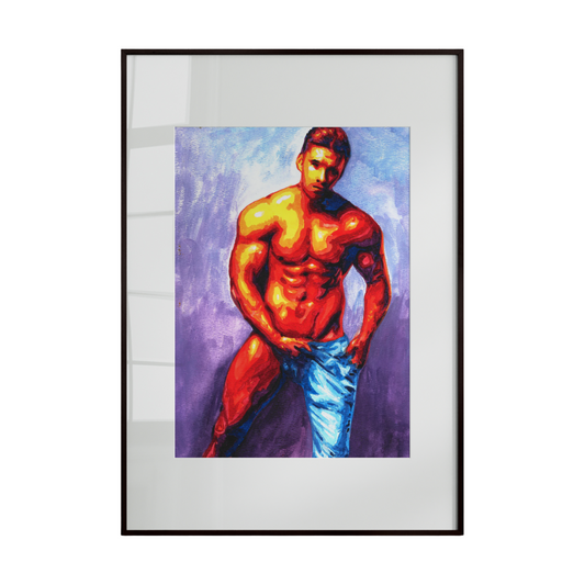 A watercolor painting of a male figure nude except for a single denim pant leg. The figure is rendered in warm tones against a cool-colored background, creating a striking contrast that emphasizes form, color, and expressive presence.