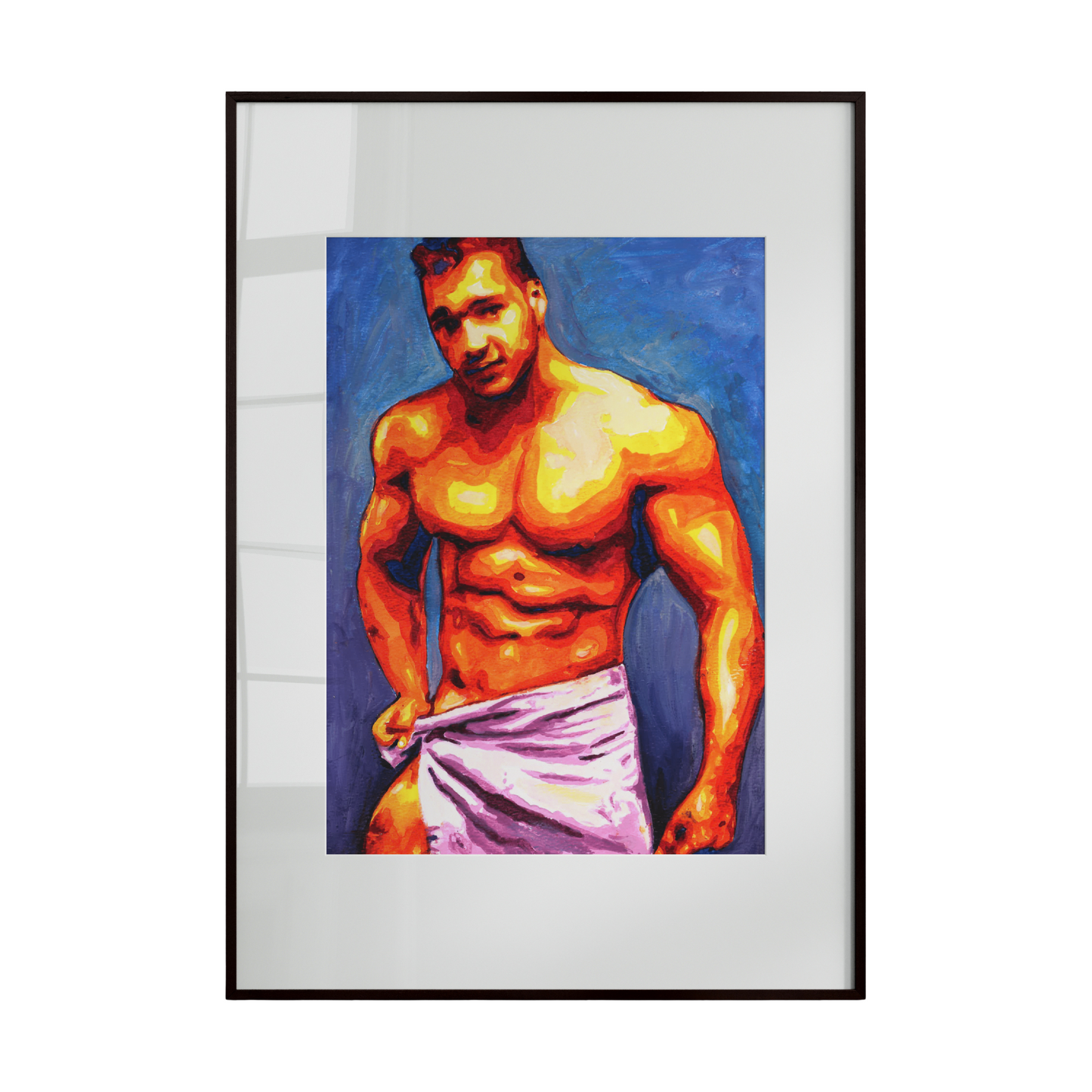 Framed artwork of a muscular man with a colorful background