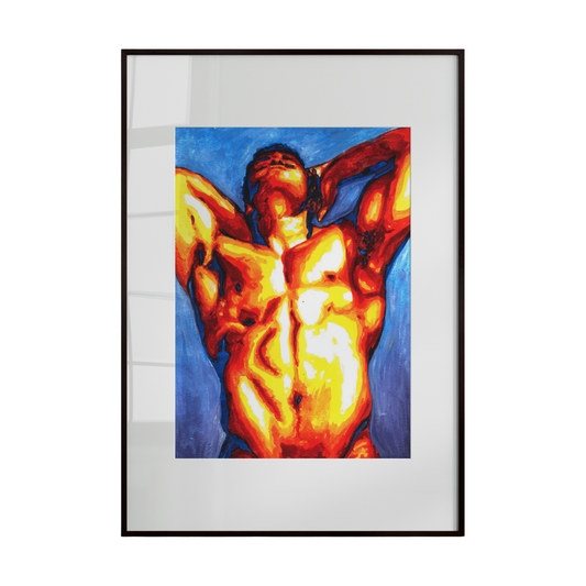 Framed artwork of a muscular figure with a colorful background