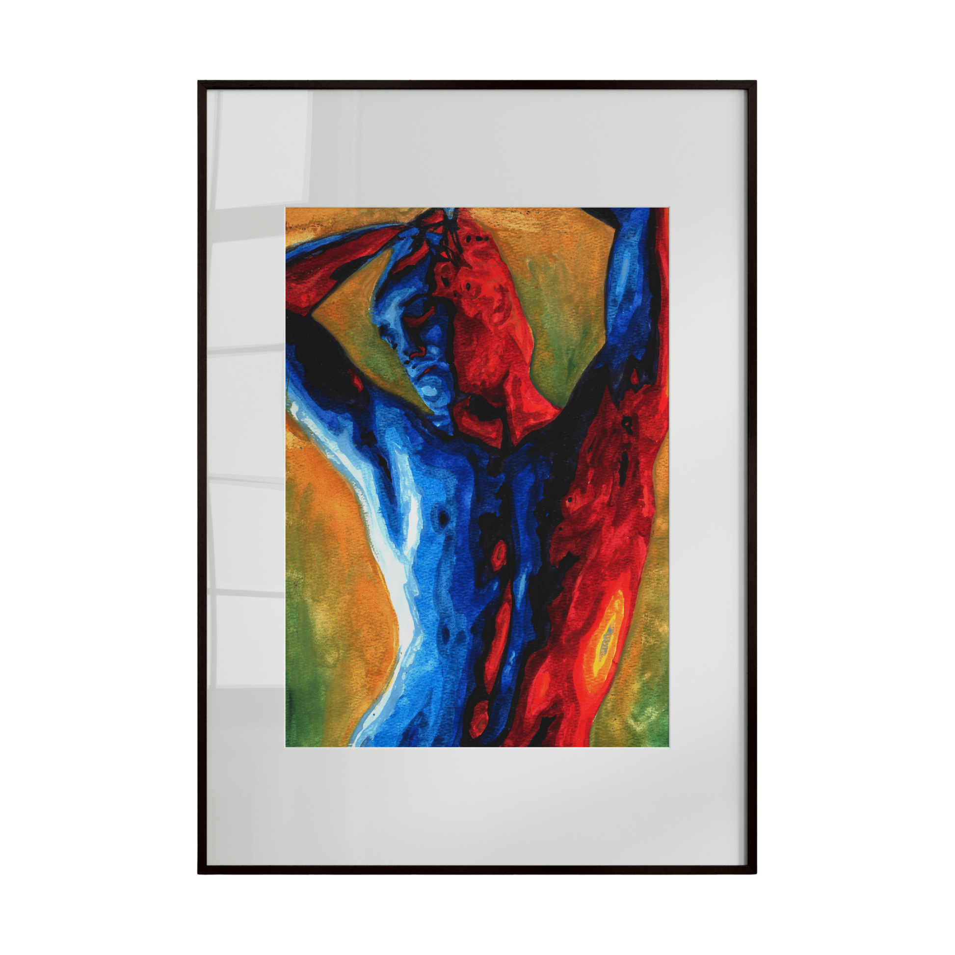 nude male figure rendered in a striking interplay of warm and cool tones. The warm hues highlight the vitality and energy of the body, while the cool shades emphasize calm, shadow,