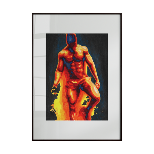 Framed artwork of a nude figure with fiery effects on a white background