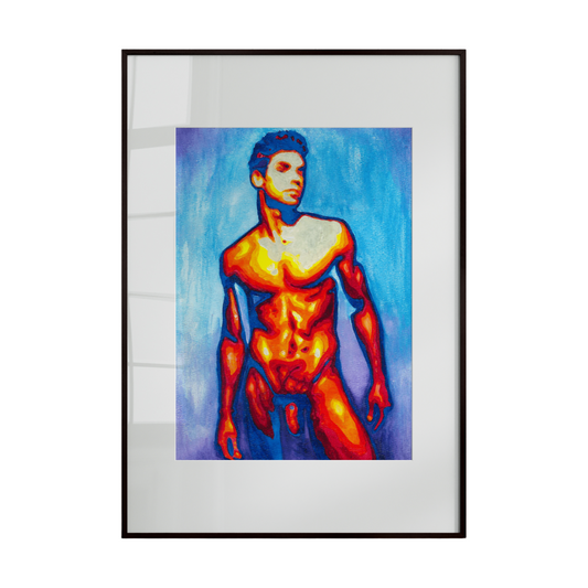 Framed artwork of a shirtless man with a colorful abstract background