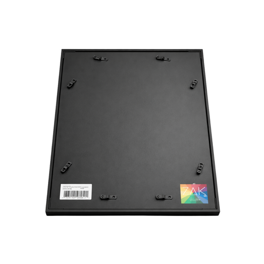 Black rectangular frame with a colorful logo on a white background