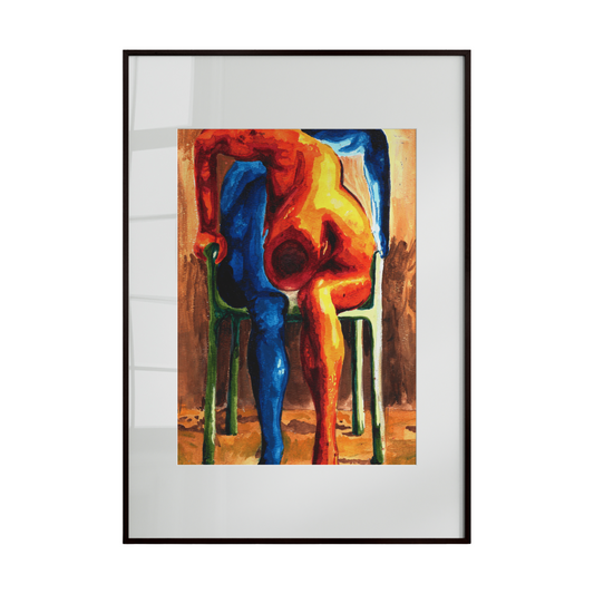 Framed abstract art with colorful figures on a white background