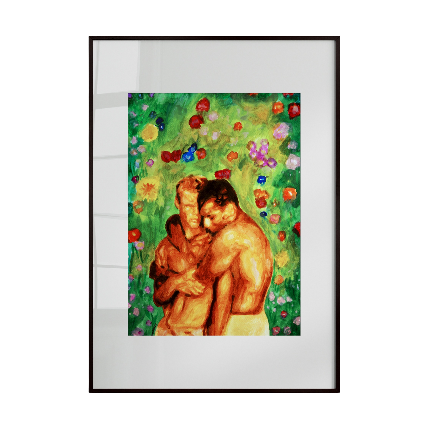 gay couple embracing tenderly in front of a lush green garden bursting with blooming flowers. Soft, fluid brushstrokes and vibrant colors highlight the intimacy, warmth,