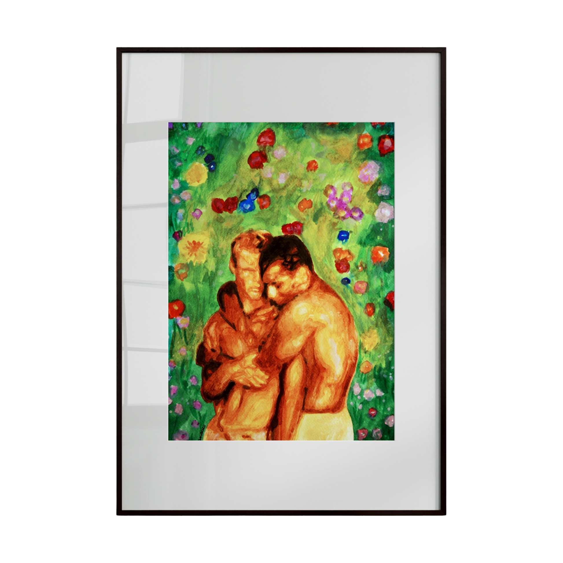 gay couple embracing tenderly in front of a lush green garden bursting with blooming flowers. Soft, fluid brushstrokes and vibrant colors highlight the intimacy, warmth,