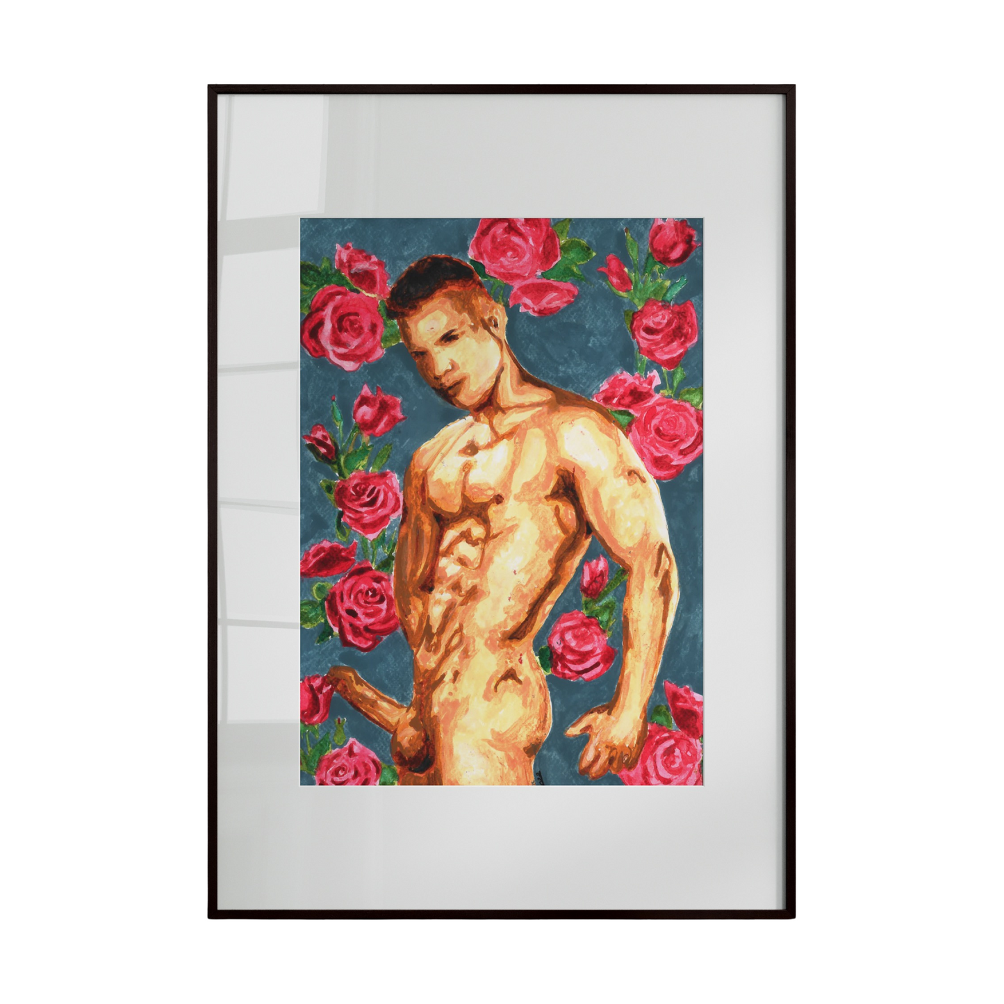 nude male figure surrounded by vivid, intricately detailed floral illustrations. The composition delicately weaves together the strength and elegance of the human form with the softness and organic beauty of flowers.