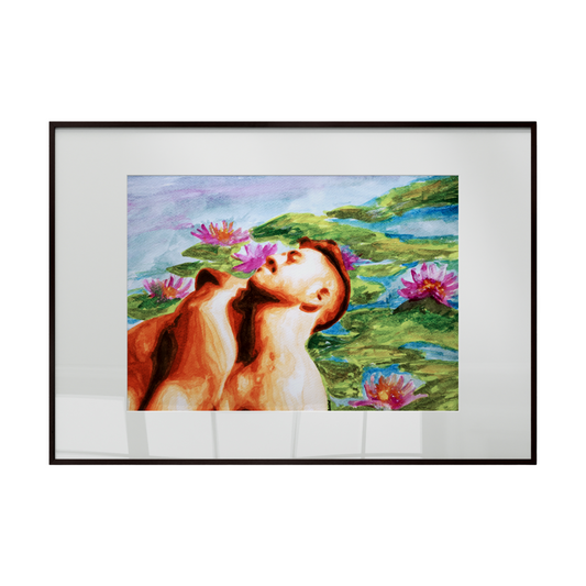 two men, one gently embracing the other from behind, set against a background inspired by Monet’s Water Lilies. Soft brushstrokes and flowing colors create a serene atmosphere where intimacy meets tranquility