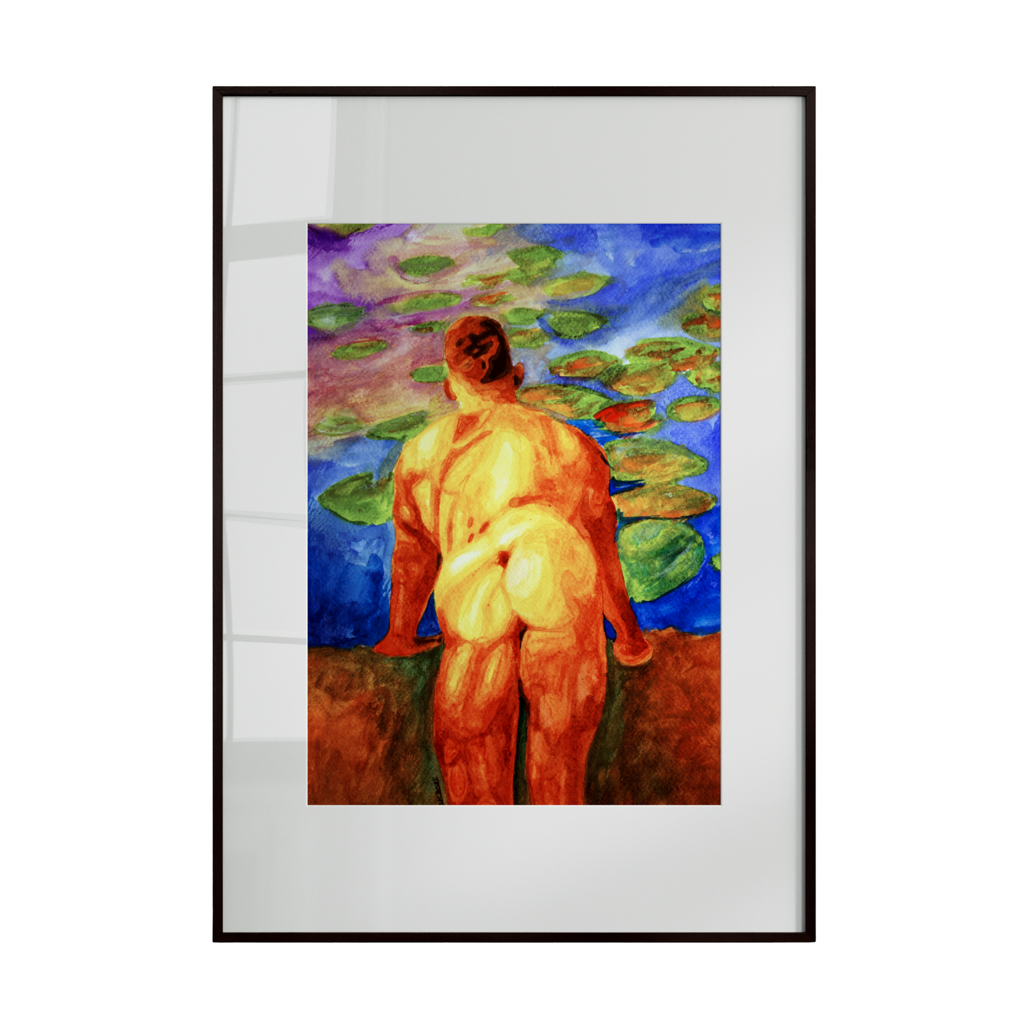 Framed artwork of a nude figure with water lilies on a white background