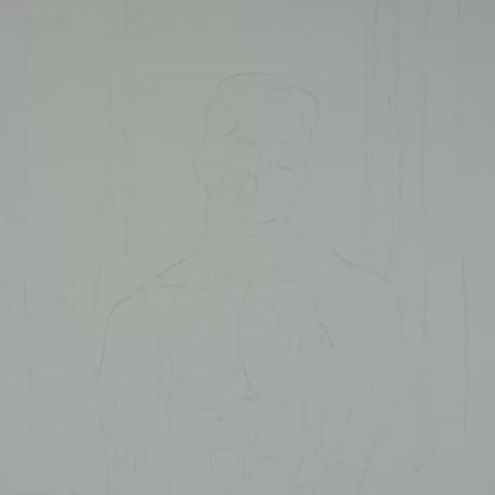 Watercolor painting of a muscular nude male in a misty forest, covering his groin with his hands, looking directly at the viewer. Expressive LGBTQ+ art by Zak Pop Art.