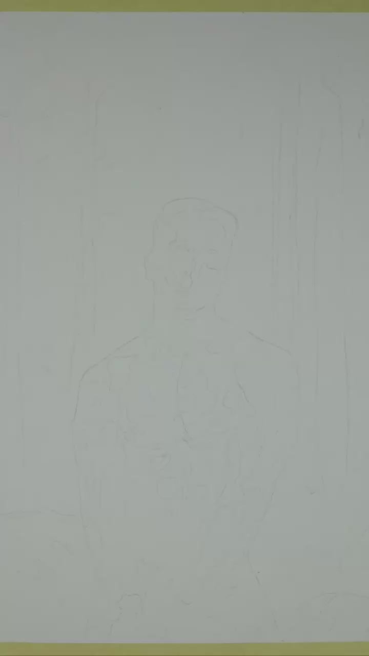 Watercolor painting of a muscular nude male in a misty forest, covering his groin with his hands, looking directly at the viewer. Expressive LGBTQ+ art by Zak Pop Art.