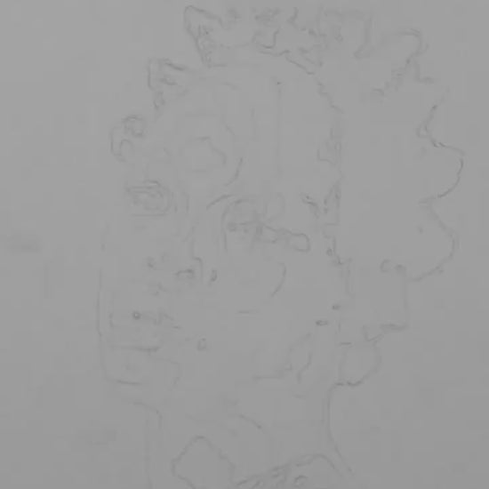 A video artwork featuring a black and white abstract sketch of a female figure with a geometric pattern on the head.
