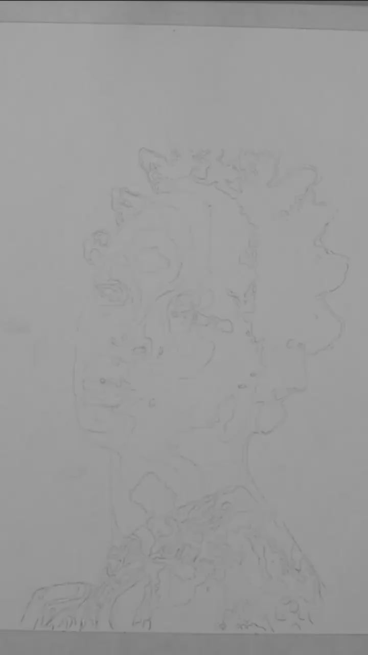 A video artwork featuring a black and white abstract sketch of a female figure with a geometric pattern on the head.
