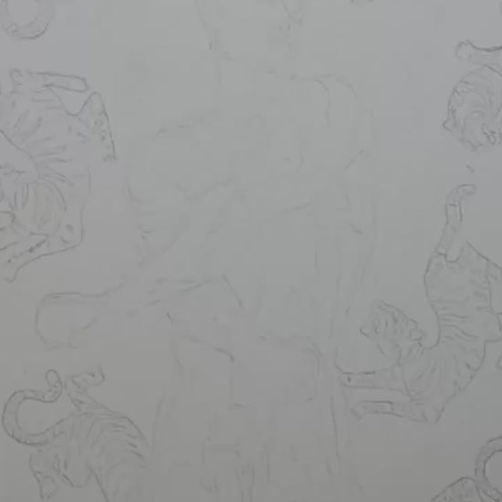 The video displays a striking art print titled "Raw Beauty," featuring a vibrant and bold depiction of Asian gay art. The print captures a nude male figure in a dynamic pose, set against a fiery background adorned with dozens of tigers in a mix of red and blue hues.