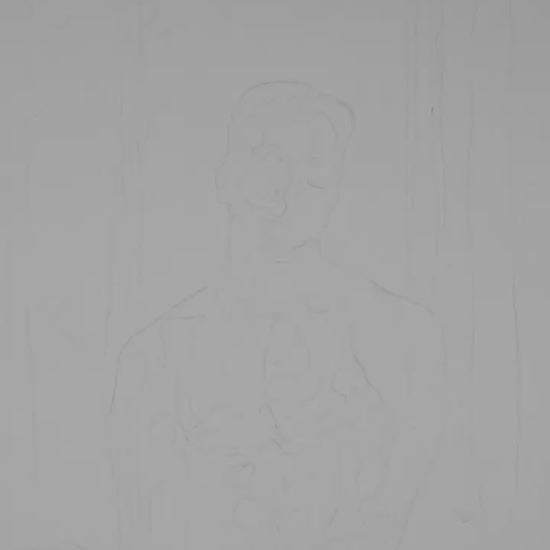 Black and white watercolor painting of a muscular nude man in a misty forest, covering his genitals with one hand and looking directly at the viewer. Queer male figure art by Zak Pop Art.