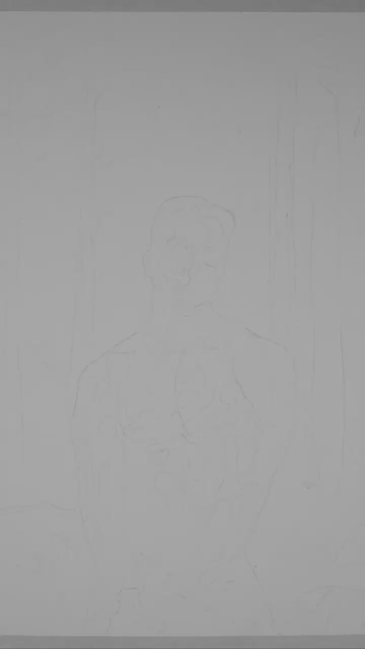 Black and white watercolor painting of a muscular nude man in a misty forest, covering his genitals with one hand and looking directly at the viewer. Queer male figure art by Zak Pop Art.