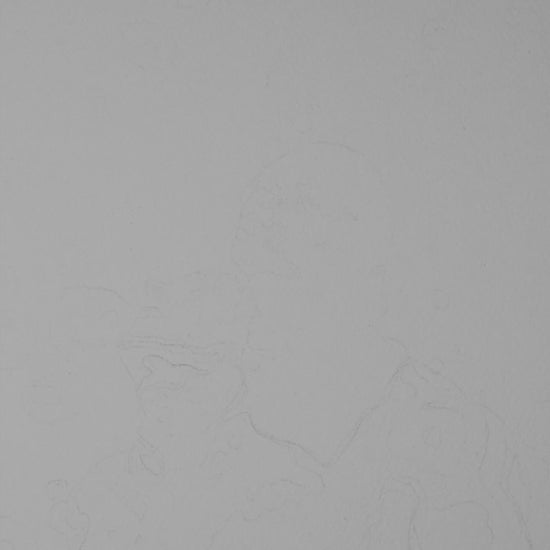 Black and white watercolor of a gay man hugging and kissing his partner's neck from behind. The background shows a grayscale floral pattern inspired by classic shower curtains, creating a sense of quiet domestic queer intimacy.