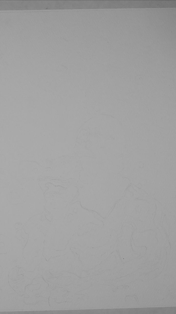 Black and white watercolor of a gay man hugging and kissing his partner's neck from behind. The background shows a grayscale floral pattern inspired by classic shower curtains, creating a sense of quiet domestic queer intimacy.