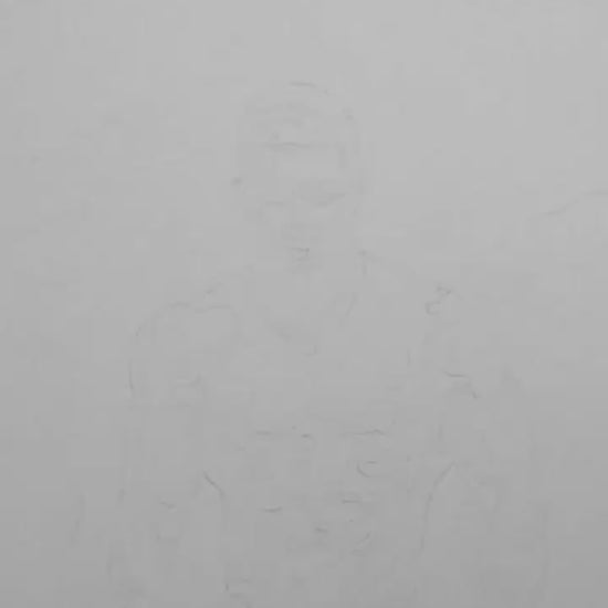 A black and white art video featuring a stylized, muscular male figure against a mountainous landscape.
