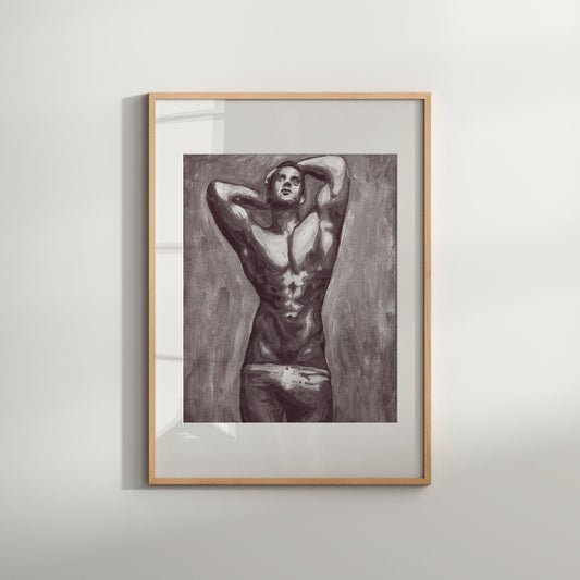 This image features a striking black and white art print titled "Male form (B&W)," which portrays a nude male figure in a contemplative and elegant pose. The artwork is highlighted by its contrasting light and shadow, emphasizing the muscular texture and form of the figure.
