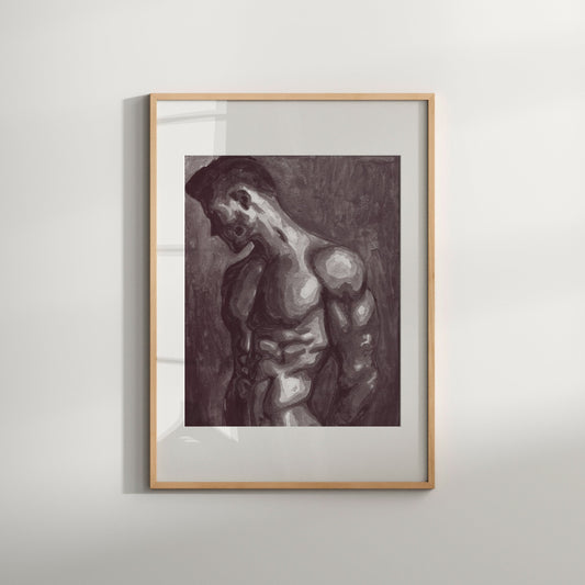 This image features a striking black and white art print titled "Made with Coffee (B&W)." It depicts an elegant, minimalist painting of a male figure, highlighting the play of light and shadows across the human form.