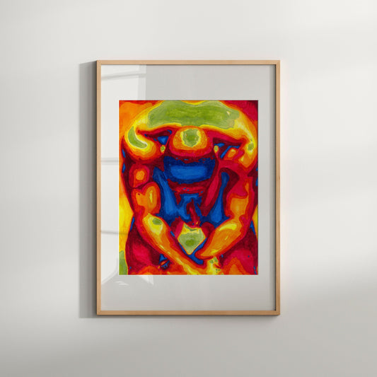 This image features a vibrant and colorful art print titled "Exhausted 2," presented in a striking queer male nude theme. The artwork is characterized by its bold, abstract style, with a fusion of warm and cool hues that create a dynamic visual effect.