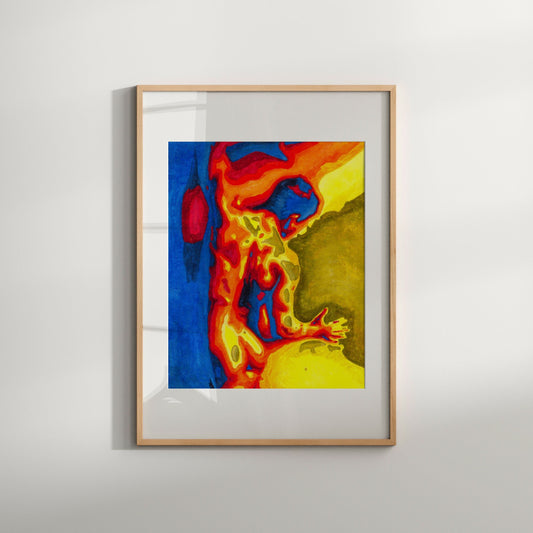 This image features a striking watercolor print titled "Brawn," depicting a vibrant and abstract representation of a male figure. The artwork is characterized by a bold and expressive use of color, with fiery oranges, yellows, and reds contrasting with cooler blues and greens, creating a powerful visual impact.
