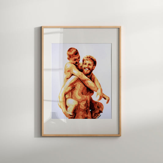 This image features a compelling Giclée print of an original painting, presented in a simple, elegant frame. The artwork captures the intimate and erotic interaction of two nude male figures, highlighting a moment of connection and vulnerability.
