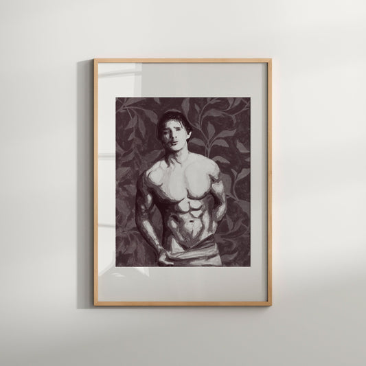 This image features a framed art print titled "Nude in Bathroom," showcasing a male nude figure depicted in a contemplative pose with a towel draped over his shoulders. The artwork is characterized by its monochrome palette and detailed depiction of the figure, emphasizing muscular tones and facial features.
