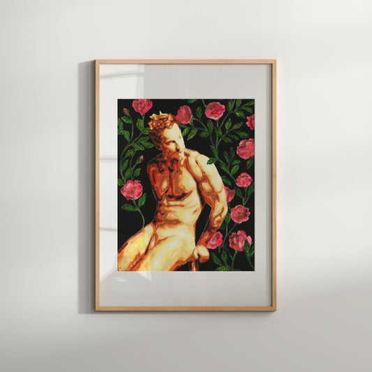 This image features a striking Giclée print titled "Beauty," which depicts a vintage-style portrait of a nude male figure surrounded by vibrant, detailed floral elements. The artwork combines classic renaissance artistic styles with modern homoerotic themes, making it a compelling choice for those looking to add a touch of elegance and artistic flair to their decor.
