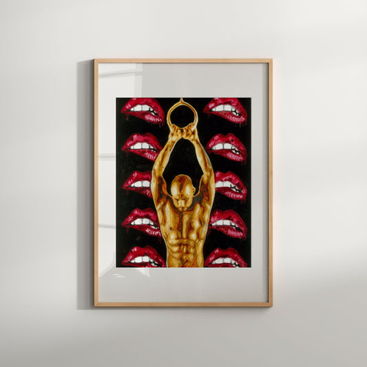 This image features a striking piece of art titled "Queer Lips," presented in a Giclée print format. The artwork depicts a male nude figure, stylized with exaggerated, eroticized features such as prominent lips and a contorted pose, set against a dark background.
