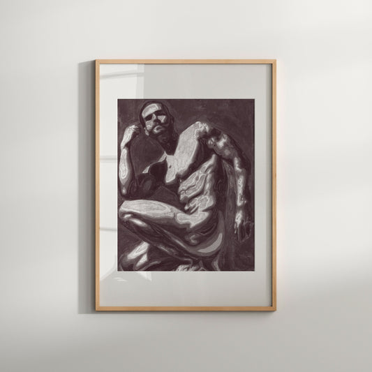 This print depicts a male figure seated in a thoughtful, contemplative pose, with a focus on the play of light and shadows across the figure's muscular and smooth contours.