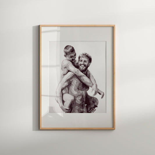 This image features a striking black and white print titled "Passion (B&W)," which depicts a nude male figure in a sensual and artistic pose. The print captures the play of light and shadows across the figure's muscular form, highlighting the contours and texture of the human body in a tasteful and evocative manner.
