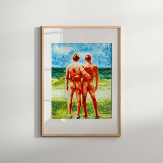 This image features an art print titled "Romantic Moment (B&W)," depicting a vibrant and sensuous scene of a nude male couple on a beach. The artwork is rendered in bold colors, emphasizing the play of light and shadow across the figures, which are highlighted by their contrasting red and blue tones.
