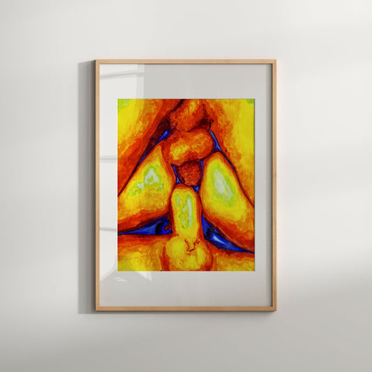 This image displays a vibrant and abstract art print titled "Double D 2," perfect for adding a touch of mature and queer-themed decor to any space. The artwork features a striking combination of warm and cool colors in an abstract pattern, with bold text overlay that reads "Mature Content.
