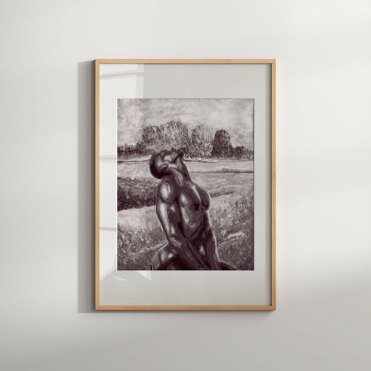This image features a framed art print titled "Love Blossoms 2," a same-sex garden romance print. The artwork is in bold black and white, depicting a stylized, erotic portrayal of a figure in a contemplative pose, set against a softly lit, natural background.
