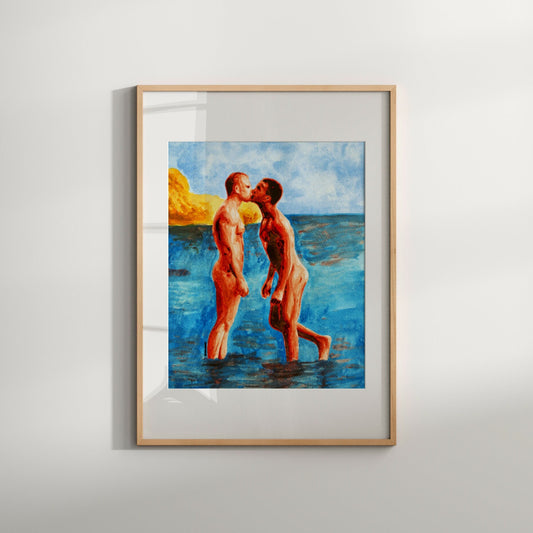 This image features a captivating art print titled "Love on the Beach 2," depicting a sensual nude gay couple kissing on a beach. The vibrant painting captures the essence of love and intimacy, with bold strokes and a clear, bright color palette that enhances the emotional depth of the scene.

