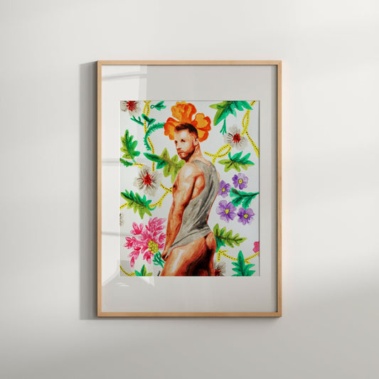 This image features a vibrant and colorful handmade erotic print titled "Spring Flowers." It depicts an artistic rendering of a nude male figure, prominently displayed with a floral backdrop adorned with a variety of vivid flowers and lush greenery.
