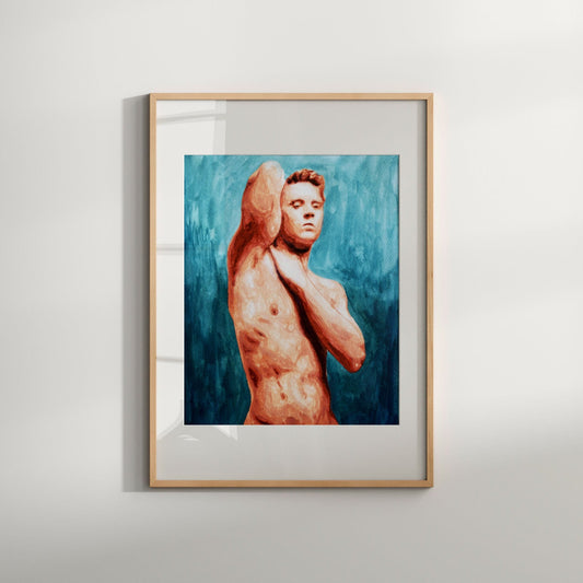 This image features a striking art print titled "Masculine Nude Male Gay Art Print." It showcases a vibrant and detailed depiction of a male figure, rendered in a blend of warm and cool hues that highlight the contours and muscular texture of the human form.

