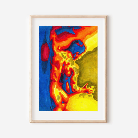 This image features a striking watercolor print titled "Brawn," depicting a vibrant and abstract representation of a male figure. The artwork is characterized by a bold and expressive use of color, with fiery oranges, yellows, and reds contrasting with cooler blues and greens, creating a powerful visual impact.
