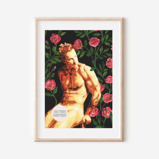 This image features a striking Giclée print titled "Beauty," which depicts a vintage-style portrait of a nude male figure surrounded by vibrant, detailed floral elements. The artwork combines classic renaissance artistic styles with modern homoerotic themes, making it a compelling choice for those looking to add a touch of elegance and artistic flair to their decor.
